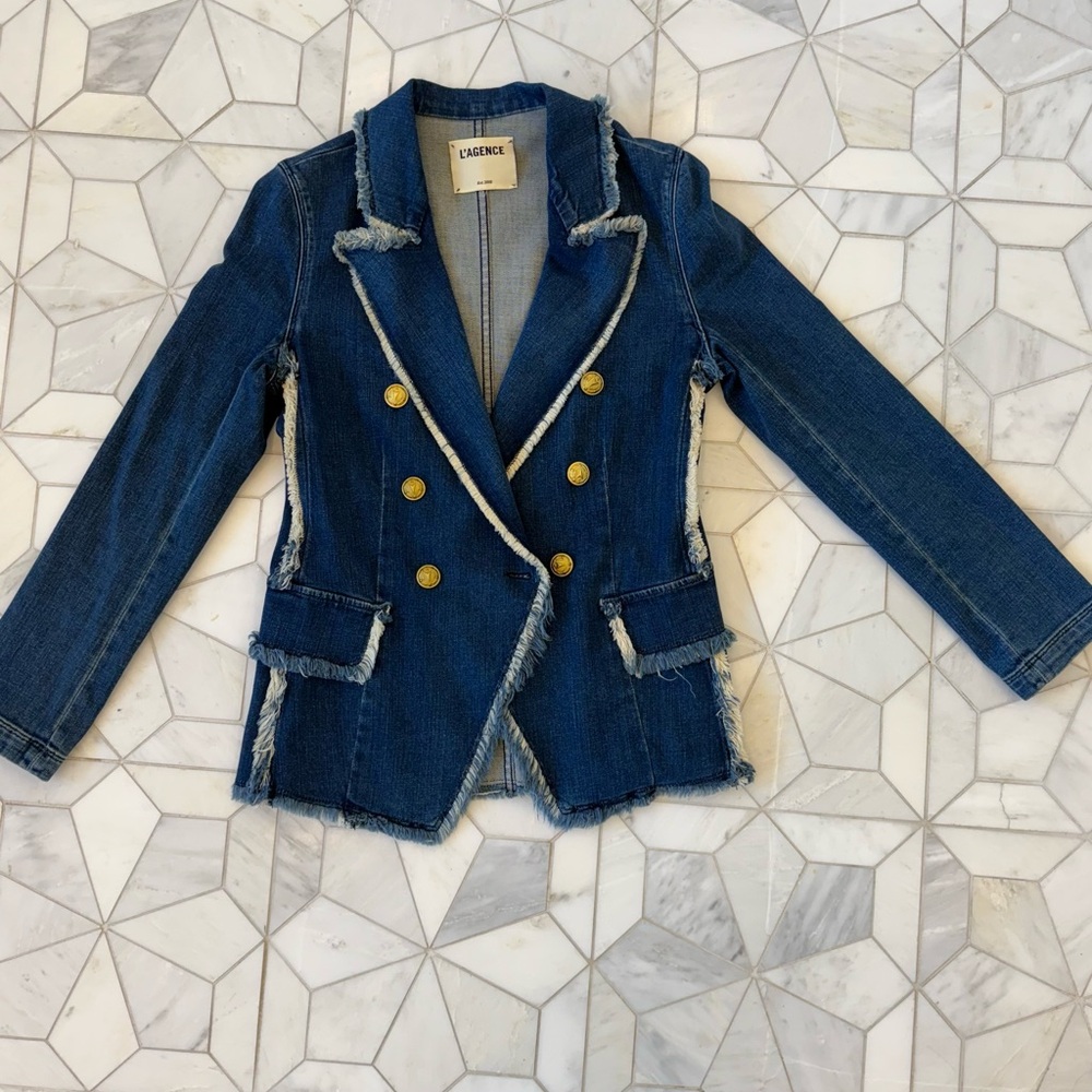 L'AGENCE Blue Denim Blazer with Gold Buttons